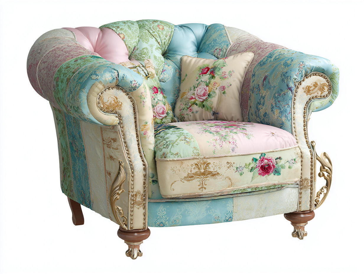 Poltrona in tessuto azzurro-rosa-verde-crema 96x92x88 cm - soggiorno - stile shabby chic