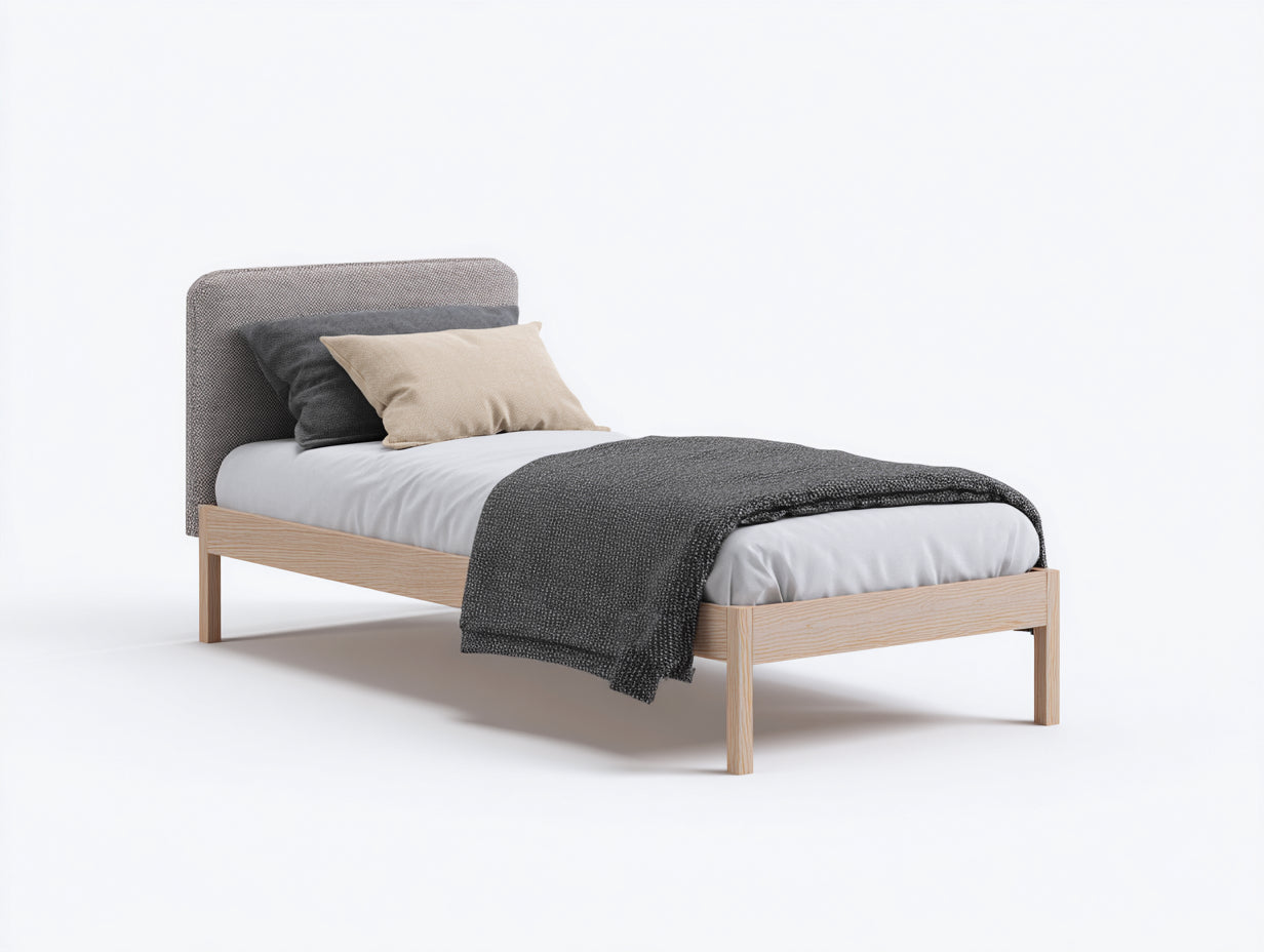 Letto singolo-legno-tessuto-208x100x90 cm-rovere chiaro-grigio-scandinavo