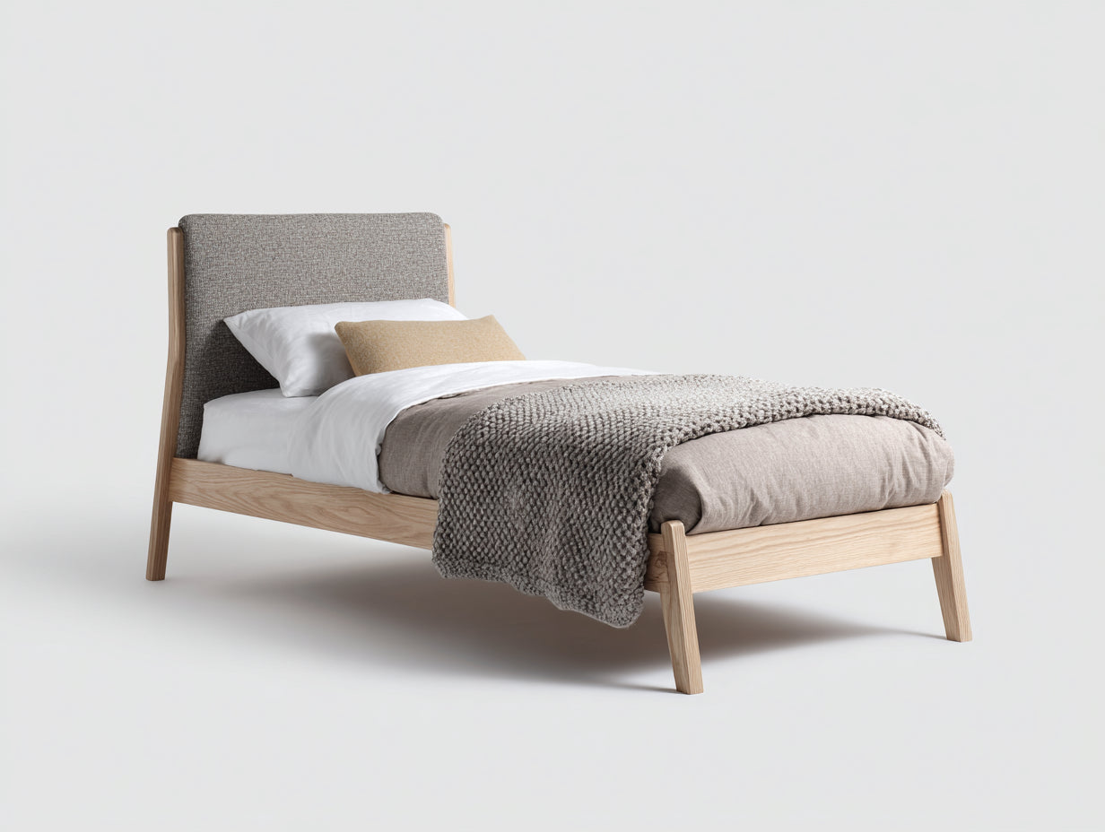 Letto singolo-legno-tessuto-211x102x94 cm-rovere chiaro-grigio-scandinavo
